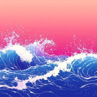 粉色背景下的澎湃蓝色海浪