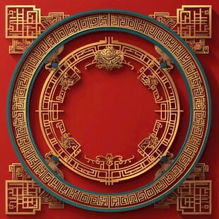 中式红底金色古典边框图案