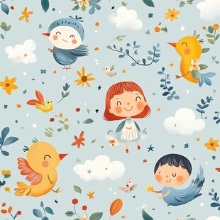 童趣梦幻的花鸟人物插画