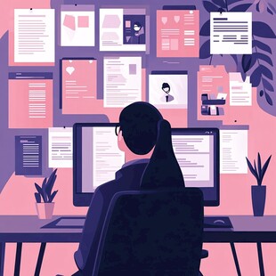 专注工作的女性与电脑界面