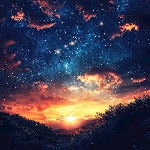 梦幻星空下的壮丽日落