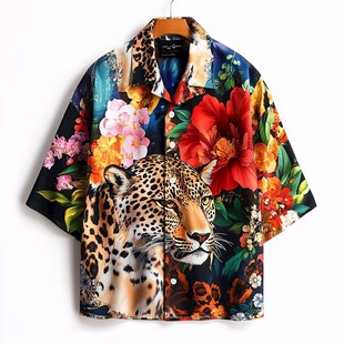 豹纹花卉印花短袖衬衫