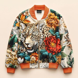 豹纹花卉印花潮流夹克衫