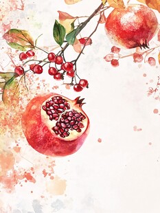 水彩绘石榴与红果景致