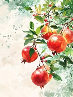 水彩画中枝头的饱满石榴