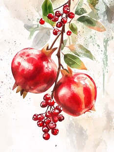 水彩绘枝头双石榴果实