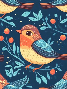可爱小鸟与枝叶花卉图案