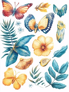 热带花卉蝴蝶插画素材