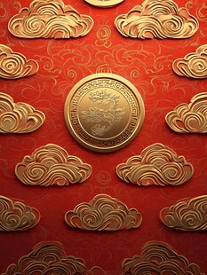 红底祥云间的金色纪念币