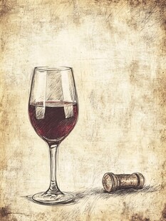 手绘葡萄酒杯与软木塞