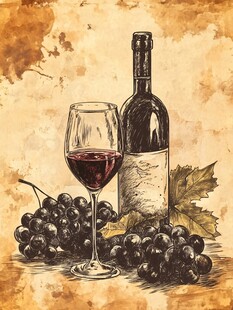 复古风葡萄酒与葡萄插画