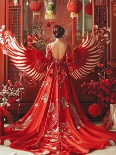 中式红裙配羽翼的优雅背影