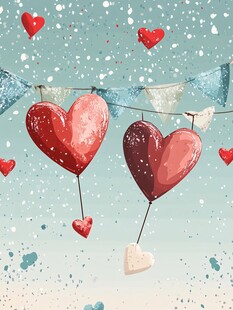 浪漫爱心气球与节日彩旗