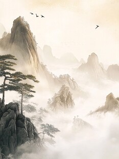 水墨黄山飞鸟云雾图