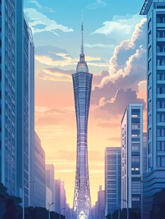 夕阳下的都市高塔美景