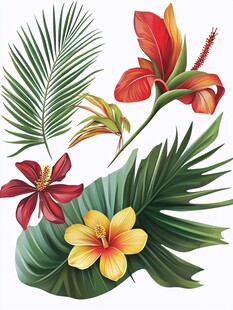热带花卉与绿叶插画