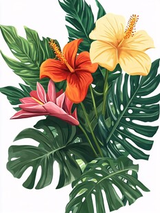 热带花卉与绿植组合插画