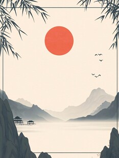 落日山水间的中式诗意景