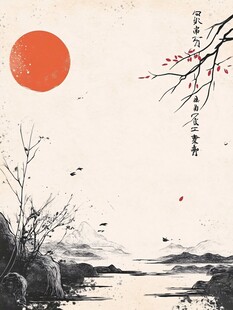 红日映枝 水墨山水意境