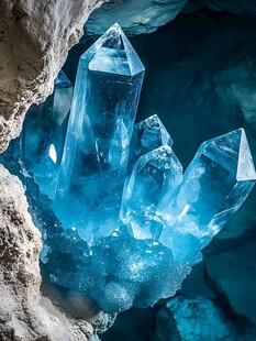 蓝晶簇于洞穴中闪耀