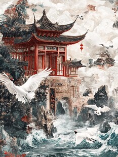 古风中式楼阁飞鸟山水景