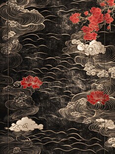 中式云纹花卉黑金风图案