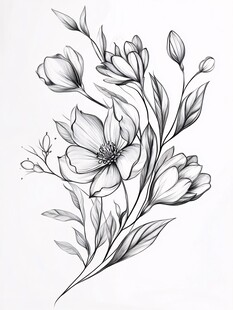 黑白花卉线条插画
