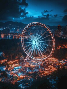 夜幕下璀璨的摩天轮游乐场