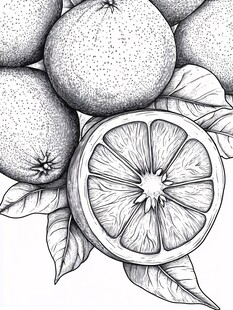 手绘柑橘果实与切片图