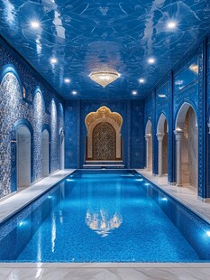 奢华蓝色系室内泳池空间