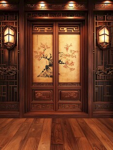 中式古典雕花双扇木门