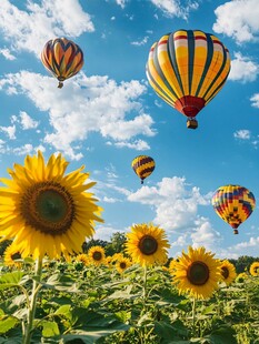 向日葵田上的缤纷热气球