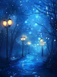 梦幻蓝调雨夜路灯小径