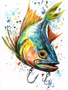 水彩绘灵动上钩五彩鱼
