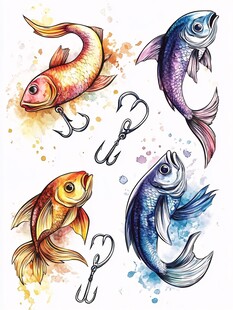水彩风鱼与鱼钩插画