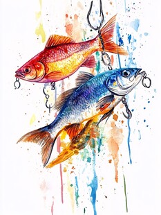 水彩画中鱼钩上的两条鱼