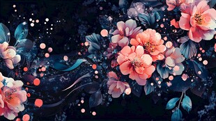 梦幻花卉夜景插画