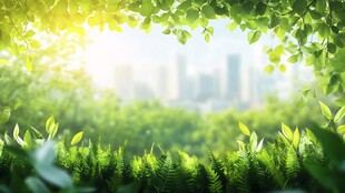 绿叶掩映下的城市远景