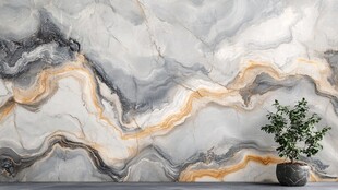 水墨大理石背景墙植物点缀