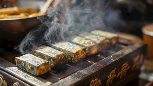 传统小吃烤制中散发诱人香