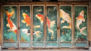 古窗上的精美锦鲤彩绘
