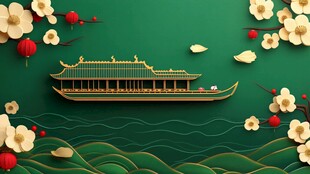 中式古船游于繁花绿水间