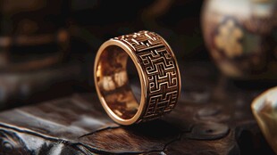 复古花纹金戒指特写