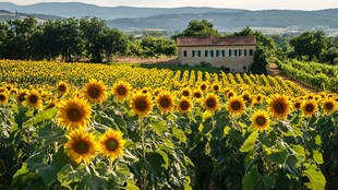 向日葵田中的乡间小屋