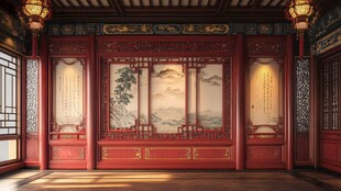 中式古典屏风装饰的房间