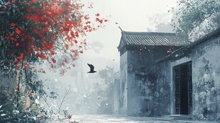 古巷红枫飞鸟诗意景致