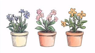 三盆手绘盆栽花卉图