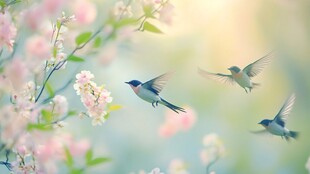 春日繁花间飞燕起舞