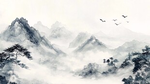 水墨山水间飞鸟伴松影