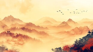 秋山晨雾飞鸟诗意景致